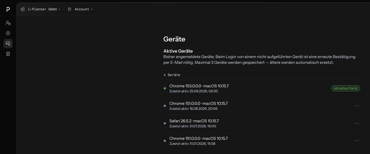 Die Seite Geräte mit dem Abschnitt Aktive Geräte, dem Zähler 4 Geräte und vier Browser-Zeilen, die oberste mit dem Kennzeichen aktuelles Gerät, die übrigen mit Drei-Punkte-Menü