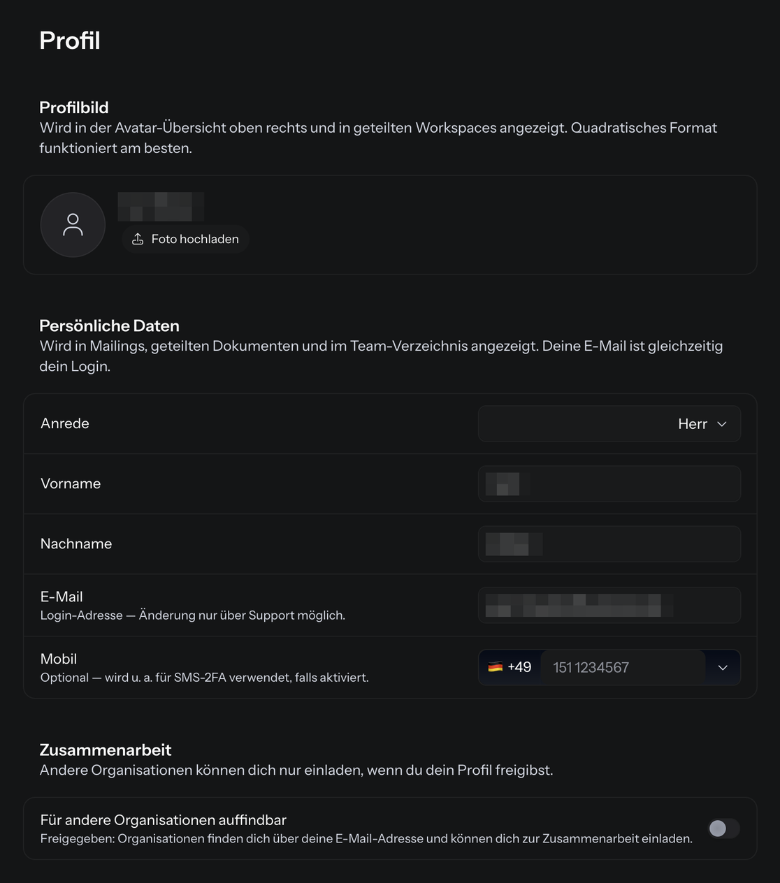 Die Seite Account › Profil mit den Abschnitten Profilbild, Persönliche Daten und Zusammenarbeit