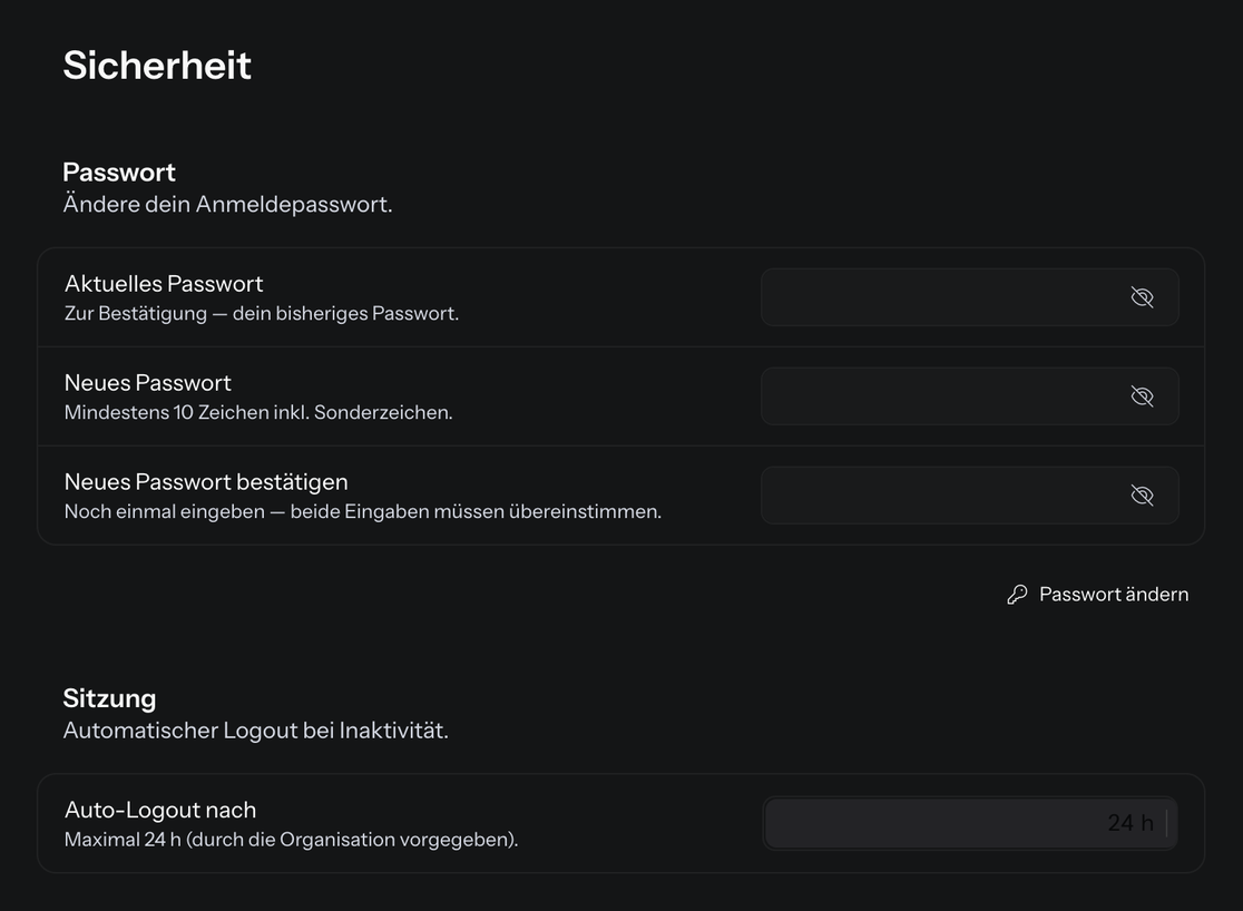 Die Seite Konto › Sicherheit mit den Bereichen Passwort und Sitzung
