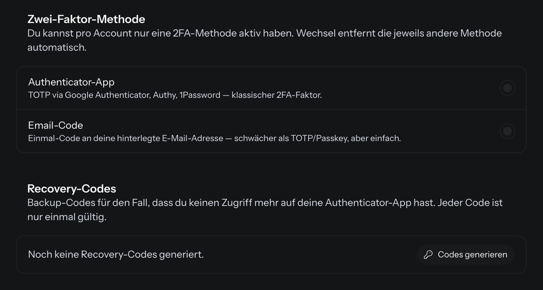 Die Bereiche Zwei-Faktor-Methode und Recovery-Codes