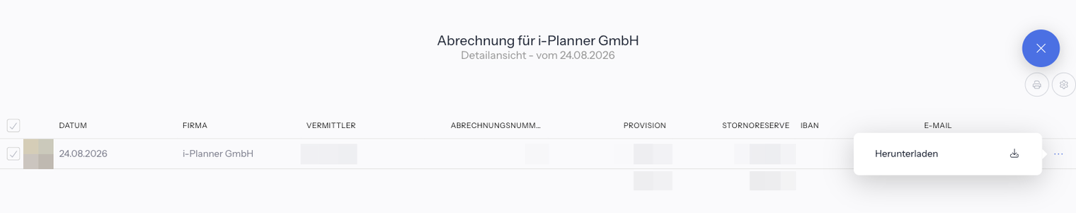 Detailansicht Abrechnung für i-Planner GmbH vom 24.08.2026 mit geöffnetem Drei-Punkte-Menü einer Vermittlerzeile, das nur den Eintrag Herunterladen mit Download-Symbol enthält; Profilbild, Vermittler, Abrechnungsnummer und Beträge sind unkenntlich gemacht