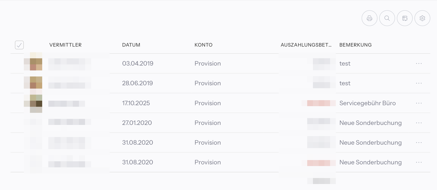 Liste Sonderbuchungen mit den Spalten Vermittler, Datum, Konto, Auszahlungsbetrag und Bemerkung; Namen und Beträge unkenntlich