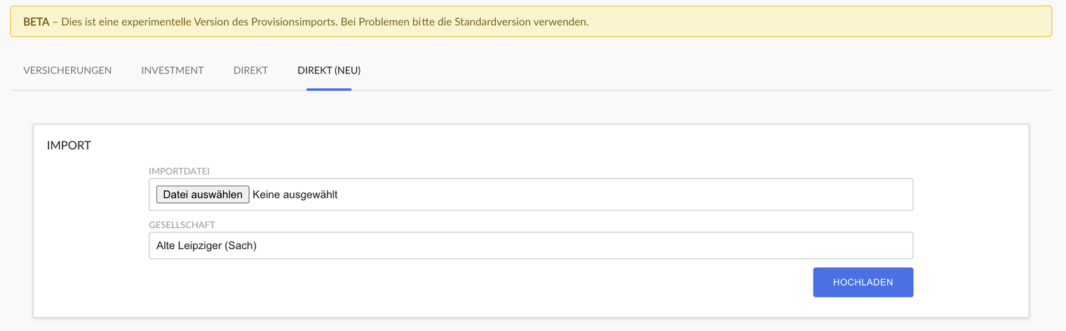 Reiter Direkt (Neu) im Datenimport vor dem Hochladen: gelber Hinweis BETA, darunter die Reiter Versicherungen, Investment, Direkt und Direkt (Neu) und der Bereich Import mit Importdatei, dem Auswahlfeld Gesellschaft mit Alte Leipziger (Sach) und dem Knopf Hochladen