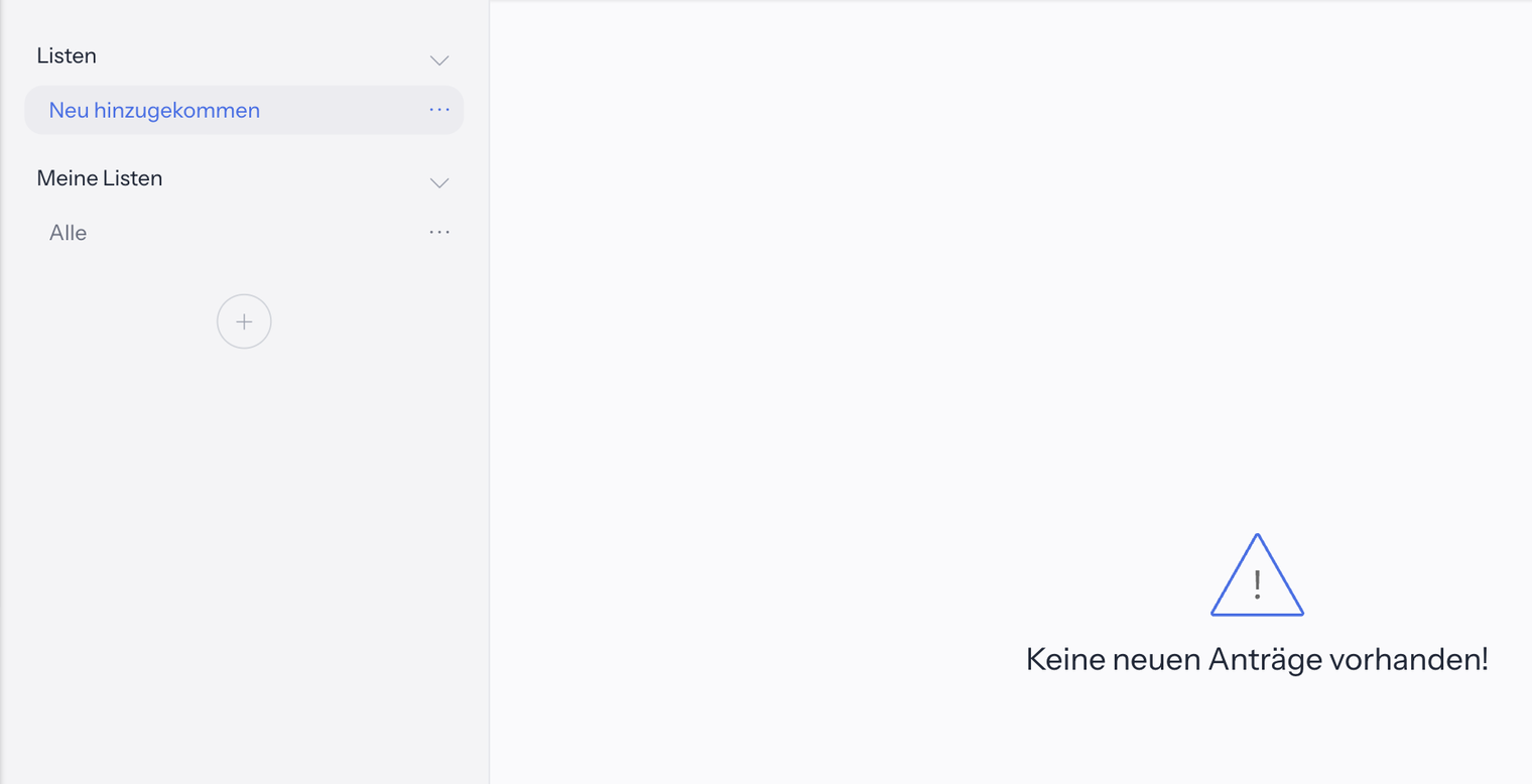 Abrechnung, Menüpunkt Eingang mit der Listenleiste: unter Listen die Liste Neu hinzugekommen ausgewählt, unter Meine Listen die Liste Alle; rechts die leere Tabelle mit der Meldung Keine neuen Anträge vorhanden!