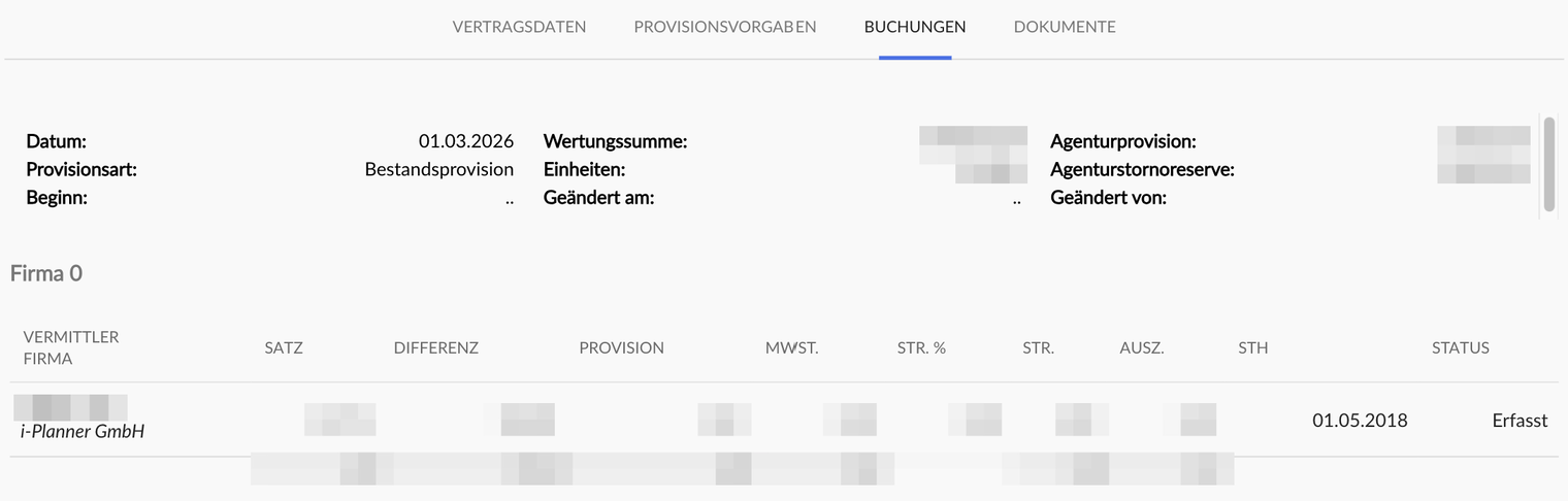 Details einer Buchung im Reiter Buchungen des Provisionsauftrags: Kopfdaten Datum, Provisionsart, Beginn, Wertungssumme, Einheiten, Geändert am, Agenturprovision, Agenturstornoreserve und Geändert von, darunter die Aufteilung mit den Spalten Vermittler/Firma, Satz, Differenz, Provision, MwSt., Str. %, Str., Ausz., StH und Status; Name und Beträge unkenntlich