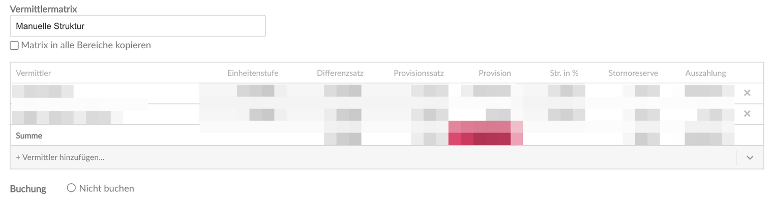 Vermittlermatrix mit der Auswahl Manuelle Struktur, dem Häkchen Matrix in alle Bereiche kopieren, der Tabelle mit den Spalten Vermittler, Einheitenstufe, Differenzsatz, Provisionssatz, Provision, Str. in %, Stornoreserve und Auszahlung, zwei Vermittlerzeilen mit x, der Zeile Summe mit rot hinterlegter Provision und der Auswahl + Vermittler hinzufügen...; darunter Buchung nur mit Nicht buchen; Namen und Beträge unkenntlich