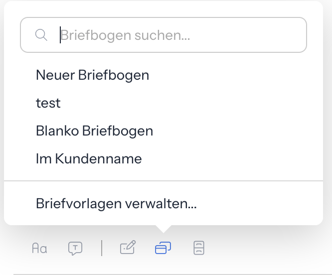 Geöffnete Briefbogen-Auswahl mit dem Suchfeld Briefbogen suchen..., zwei eigenen Briefbögen als Beispiel, den Einträgen Blanko Briefbogen und Im Kundenname und darunter Briefvorlagen verwalten...; darunter die Symbolleiste mit hervorgehobenem Symbol Brief in Vorschau anzeigen