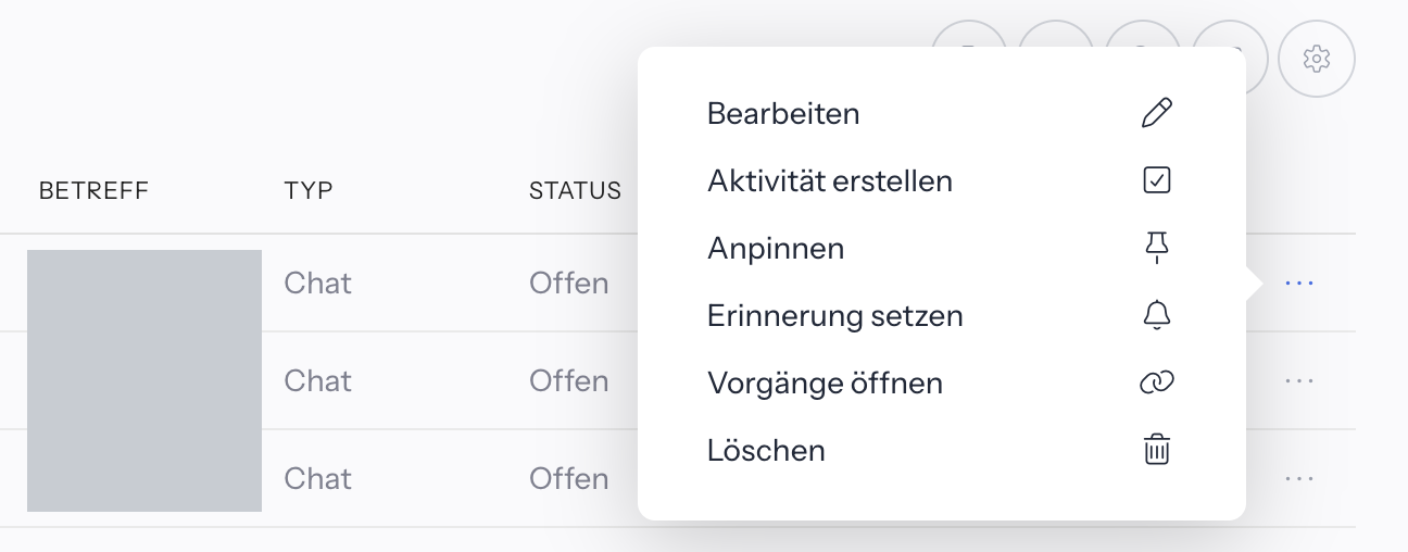 Geöffnetes Drei-Punkte-Menü einer Chat-Zeile mit Bearbeiten, Aktivität erstellen, Anpinnen, Erinnerung setzen, Vorgänge öffnen und Löschen