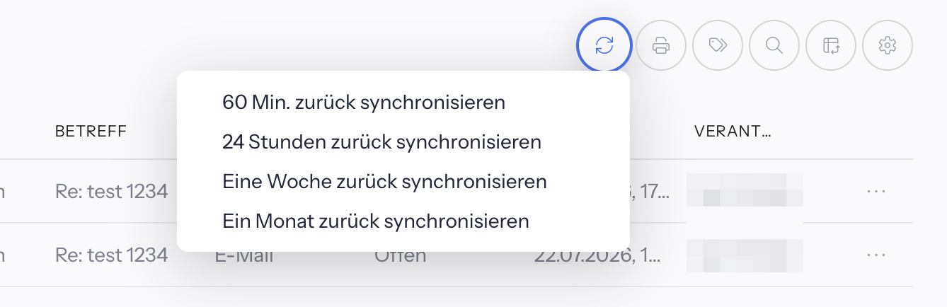 Liste E-Mails › Eingang mit geöffneter Auswahl am Symbol Aktualisieren: 60 Min. zurück synchronisieren, 24 Stunden zurück synchronisieren, Eine Woche zurück synchronisieren und Ein Monat zurück synchronisieren