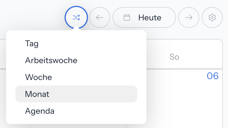 Geöffnete Liste Ansicht wechseln mit Tag, Arbeitswoche, Woche, Monat und Agenda; Monat ist gewählt; daneben die Schaltflächen Zurück, Heute, Vor und Einstellungen