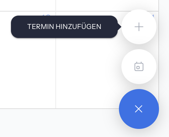 Geöffneter Plus-Button im Kalender mit den runden Schaltflächen Termin hinzufügen und Kalender hinzufügen; der Hinweis Termin hinzufügen ist eingeblendet