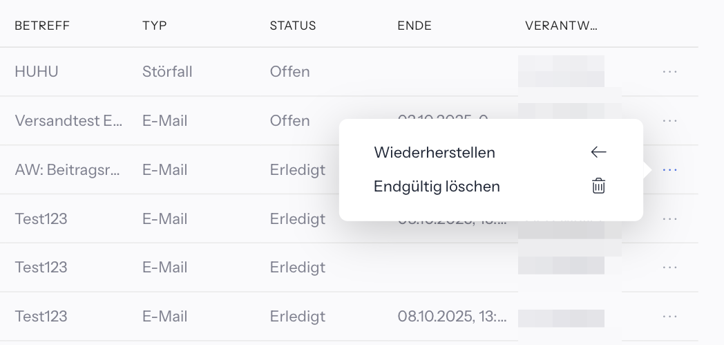 Liste Gelöscht mit Aktivitäten vom Typ Störfall und E-Mail; an einer Zeile ist das Menü Optionen mit Wiederherstellen und Endgültig löschen geöffnet