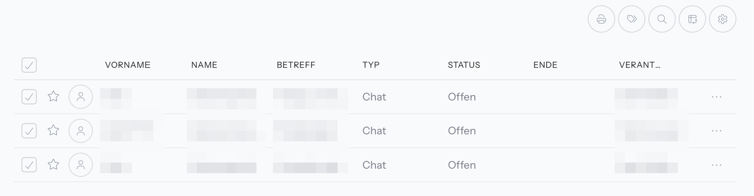 Liste Aktivitäten › Chats mit den Spalten Vorname, Name, Betreff, Typ, Status, Ende und Verantwortlich; drei Zeilen vom Typ Chat mit Status Offen