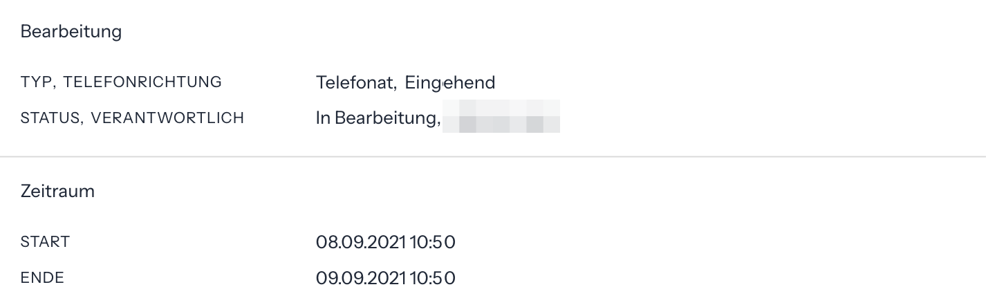 Gruppen Bearbeitung mit Typ, Telefonrichtung, Status und Verantwortlich sowie Zeitraum mit Start und Ende in einem Telefonat