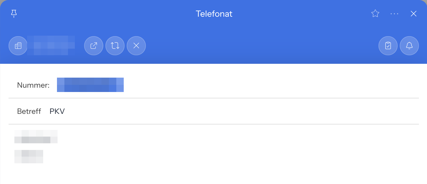 Fenster Telefonat mit dem Feld Nummer als blaue Marke, darunter Betreff und das Textfeld für den Gesprächsinhalt