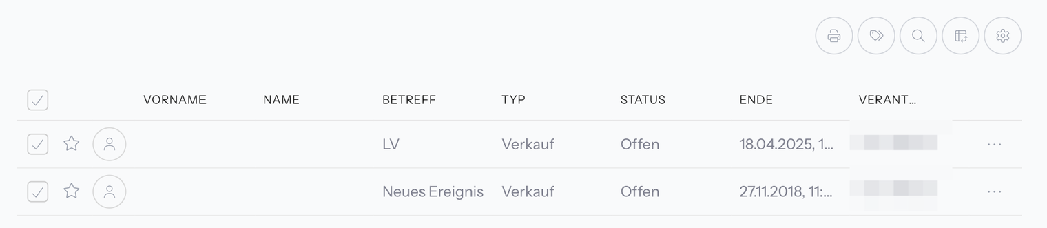 Tabelle der Verkäufe mit den Spalten Vorname, Name, Betreff, Typ, Status, Ende und Verantwortlich; zwei Verkäufe mit dem Status Offen und dem Typ Verkauf, bei denen Vorname und Name leer sind; darüber die runden Symbole der Werkzeugleiste