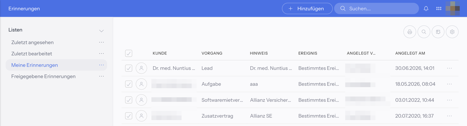 Automation, Erinnerungen: Listen Zuletzt angesehen, Zuletzt bearbeitet, Meine Erinnerungen und Freigegebene Erinnerungen; Tabelle mit den Spalten Kunde, Vorgang, Hinweis, Ereignis, Angelegt von und Angelegt am