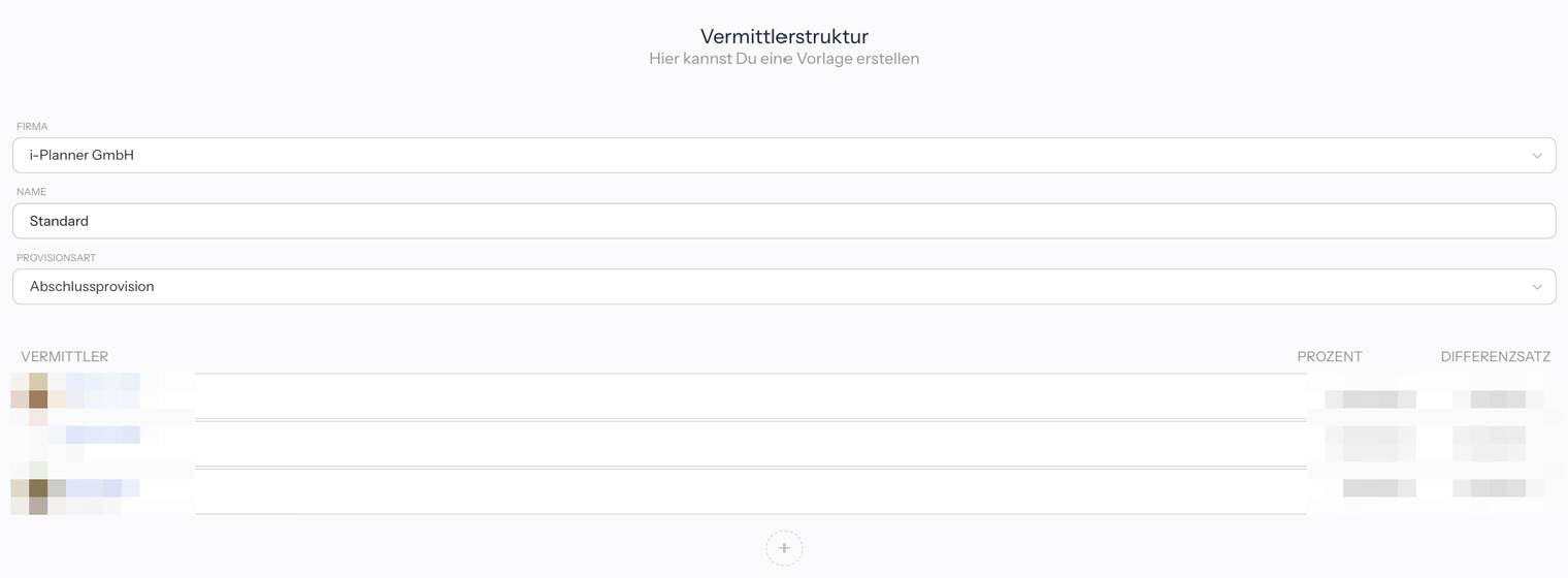 Fenster Vermittlerstruktur mit den Feldern Firma, Name und Provisionsart und einer Tabelle mit den Spalten Vermittler, Prozent und Differenzsatz; Vermittler und Sätze unkenntlich