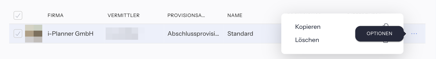 Reiter Strukturen mit einer Struktur der Firma i-Planner GmbH, Provisionsart Abschlussprovision und Name Standard; geöffnetes Drei-Punkte-Menü mit Kopieren und Löschen; Vermittler und Foto unkenntlich