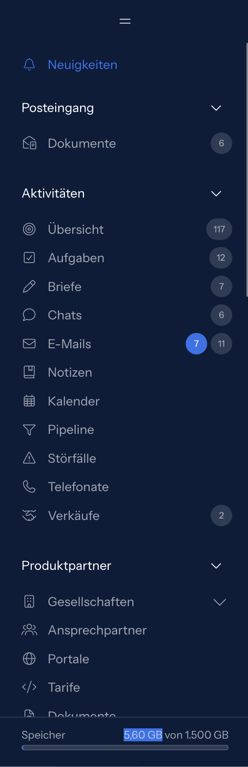 Hauptmenü mit dem Symbol aus zwei Linien, den Gruppen Posteingang, Aktivitäten und Produktpartner, Zahlen neben Dokumente, Übersicht, Aufgaben, Briefe, Chats, E-Mails und Verkäufe, zwei Zahlen bei E-Mails und der Speicheranzeige am Ende