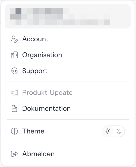Geöffnetes Profilmenü mit Namen und E-Mail-Adresse, darunter Account, Organisation, Support, Produkt-Update, Dokumentation, Theme mit Umschalter und Abmelden