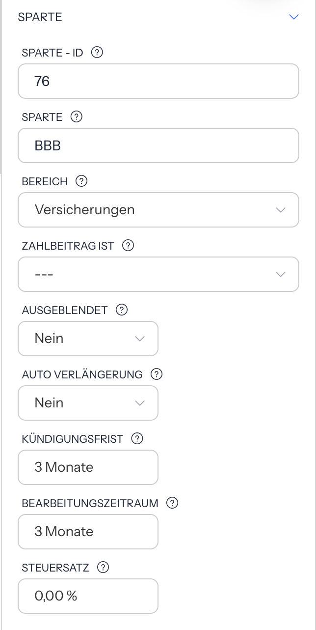 Abschnitt Sparte einer Vertragssparte mit den Eigenschaften Sparte - ID, Sparte, Bereich, Zahlbeitrag ist, Ausgeblendet, Auto Verlängerung, Kündigungsfrist, Bearbeitungszeitraum und Steuersatz