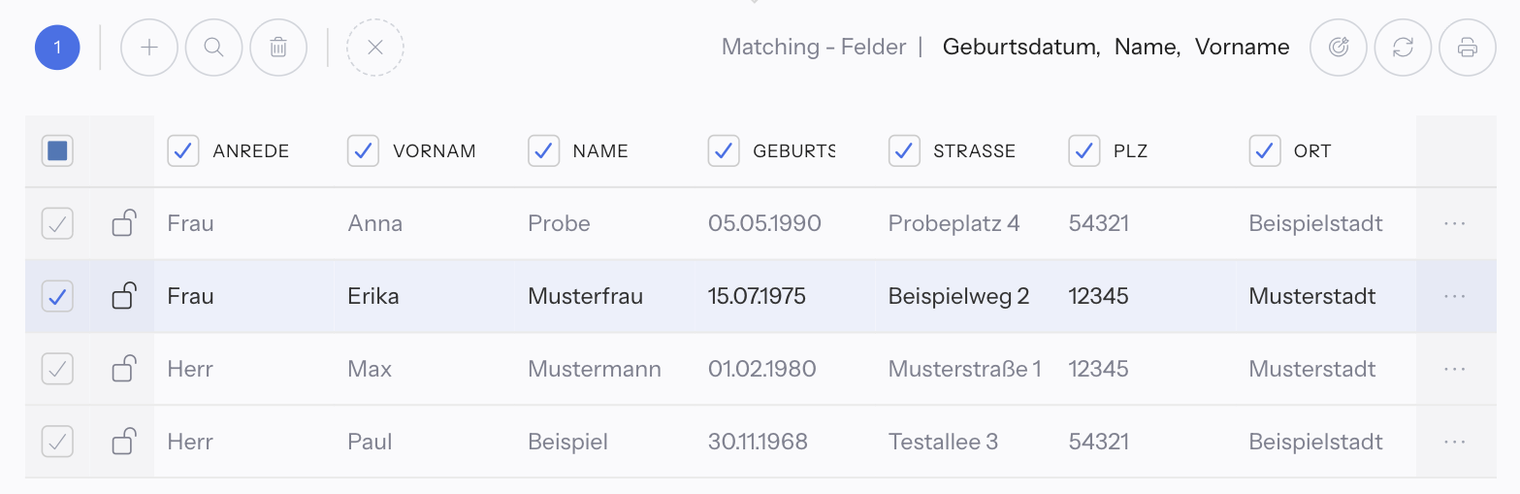 Schritt Kunden zuordnen mit einer markierten Zeile: links die Aktionsleiste mit dem Zähler 1 und runden Symbolen, rechts die Zeile Matching - Felder mit Geburtsdatum, Name und Vorname