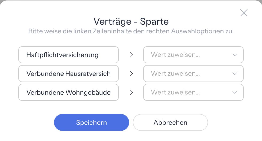 Fenster Verträge - Sparte mit dem Hinweis Bitte weise die linken Zeileninhalte den rechten Auswahloptionen zu., drei Zeilen aus Dateiwert, Pfeil und Wert zuweisen... sowie den Knöpfen Speichern und Abbrechen