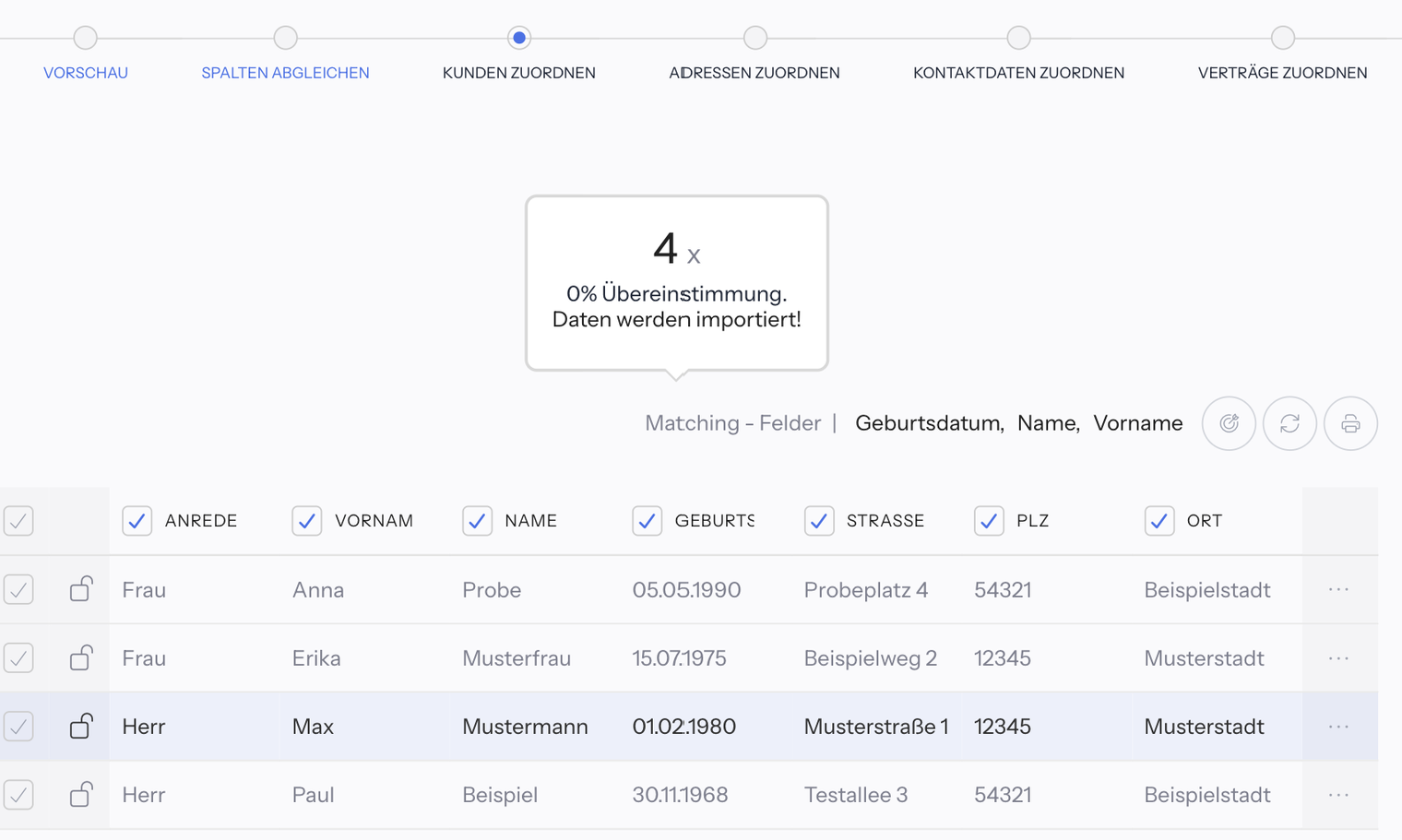 Schritt Kunden zuordnen mit der Kachel 4 x 0% Übereinstimmung. Daten werden importiert!, darunter Matching - Felder mit Geburtsdatum, Name und Vorname und die Tabelle mit vier Testkunden, je Zeile Häkchen, Schloss und drei Punkte