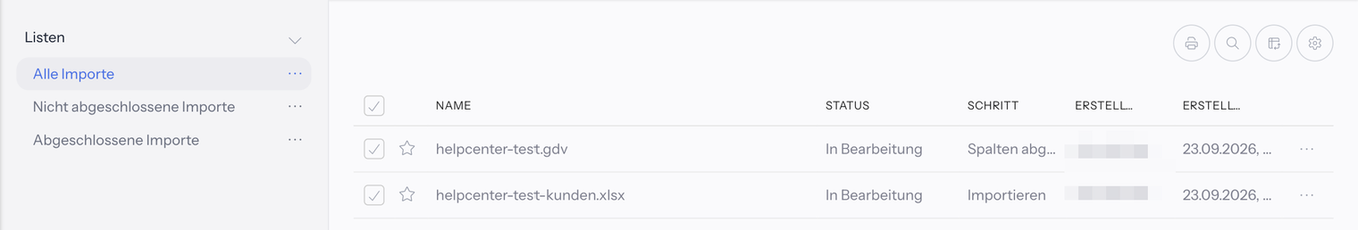 Liste Alle Importe unter Einstellungen › Import mit zwei Importen im Status In Bearbeitung, den Spalten Name, Status, Schritt, Ersteller und Erstellt am