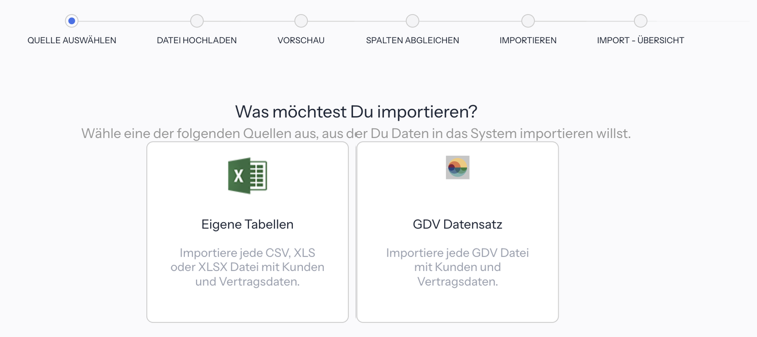 Schritt Quelle auswählen mit der Frage Was möchtest Du importieren? und den Kacheln Eigene Tabellen und GDV Datensatz