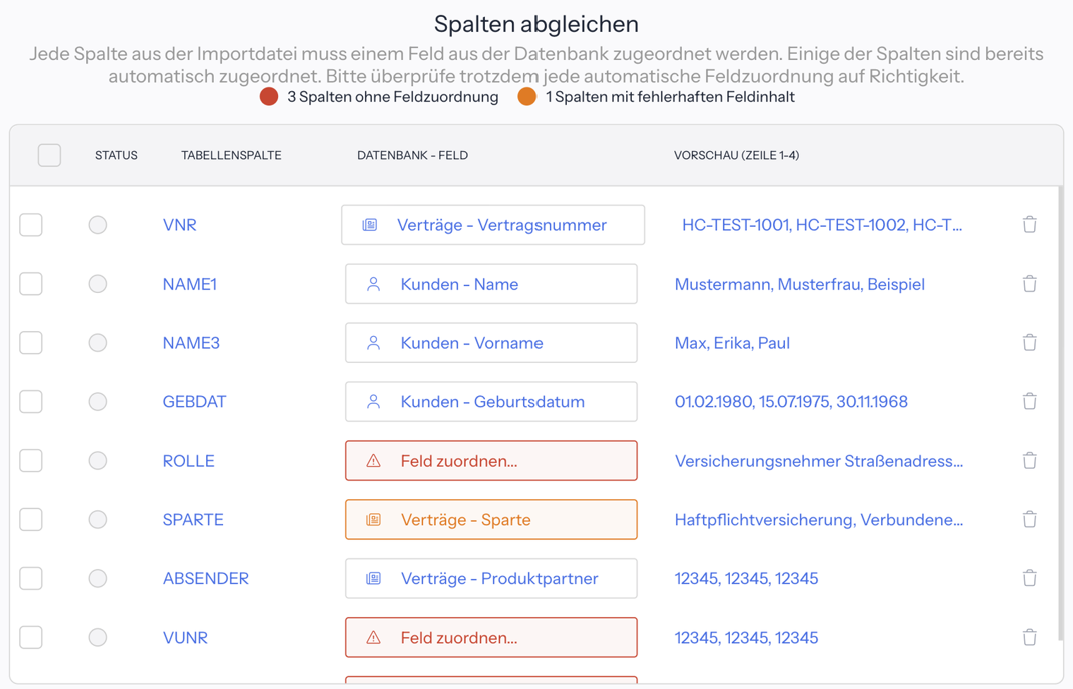 Schritt Spalten abgleichen einer GDV-Datei: VNR ist Verträge - Vertragsnummer zugeordnet, NAME1 Kunden - Name, NAME3 Kunden - Vorname und GEBDAT Kunden - Geburtsdatum; ROLLE und VUNR sind rot mit Feld zuordnen... markiert, SPARTE ist orange als fehlerhaft markiert