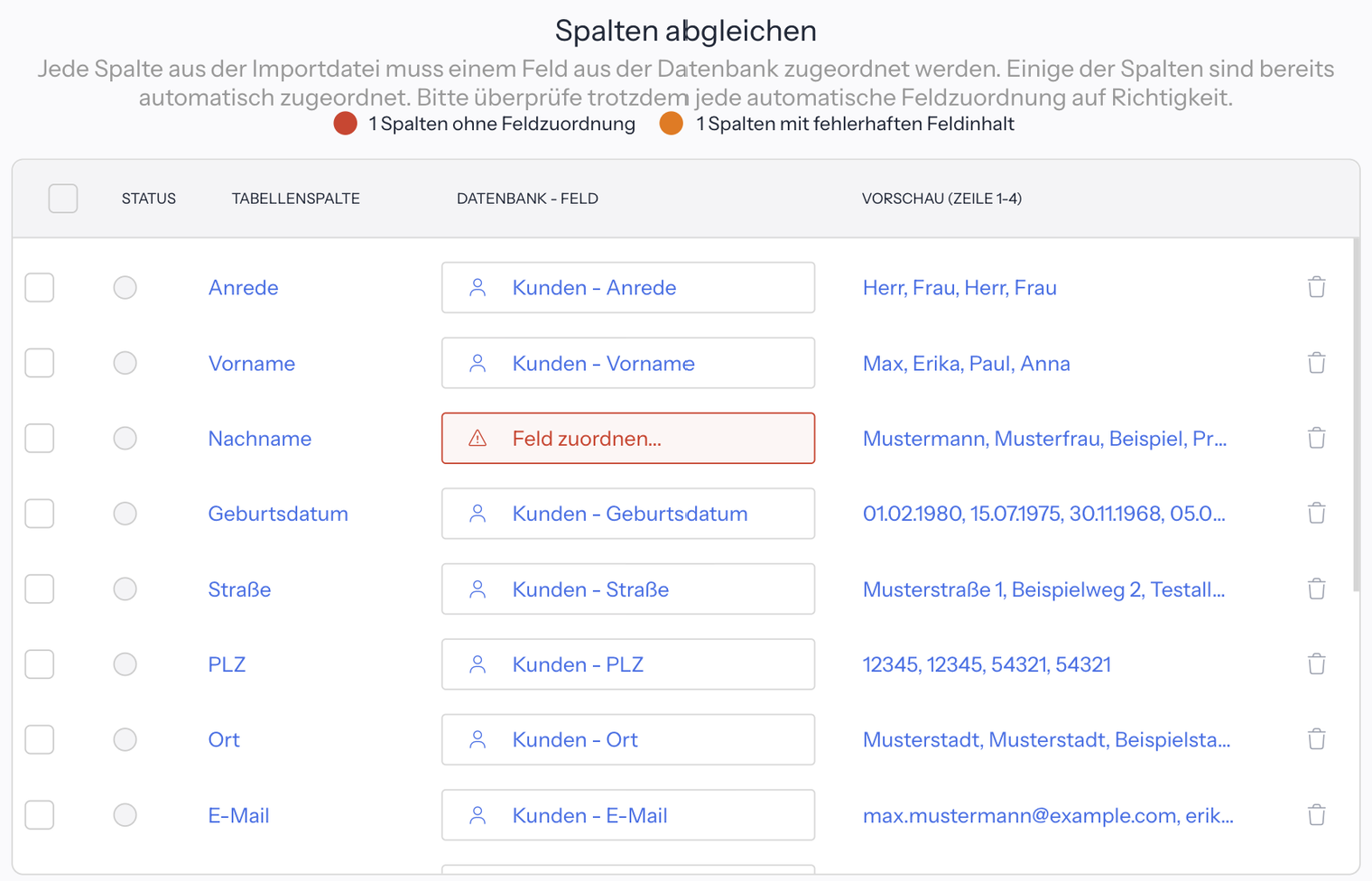 Schritt Spalten abgleichen einer Excel-Datei mit den Zählern 1 Spalten ohne Feldzuordnung und 1 Spalten mit fehlerhaften Feldinhalt; die Spalte Nachname ist rot mit Feld zuordnen... markiert, die übrigen Spalten sind Kunden-Feldern wie Kunden - Anrede oder Kunden - Geburtsdatum zugeordnet