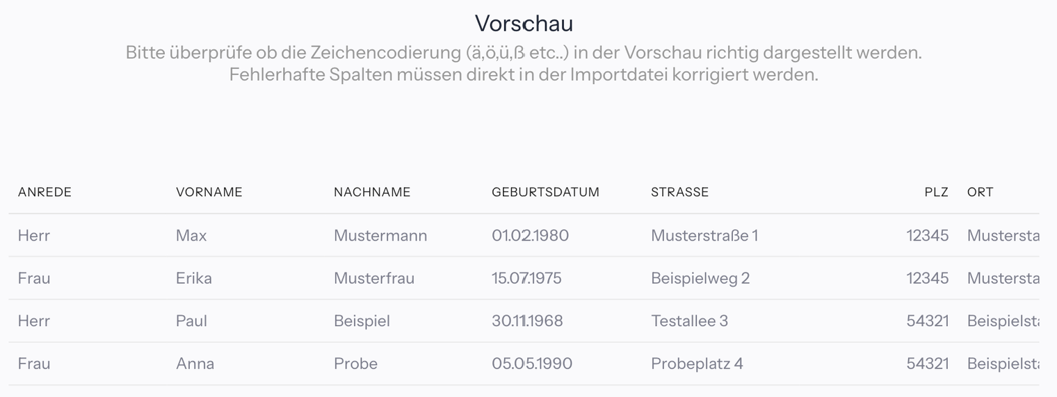 Schritt Vorschau mit dem Hinweis zur Zeichencodierung und einer Tabelle mit den Spalten Anrede, Vorname, Nachname, Geburtsdatum, Straße, PLZ und Ort für vier Testkunden