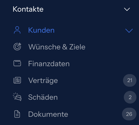 Hauptmenü mit dem aufgeklappten Bereich Kontakte und dem gewählten Eintrag Kunden, darunter Wünsche & Ziele, Finanzdaten, Verträge, Schäden und Dokumente