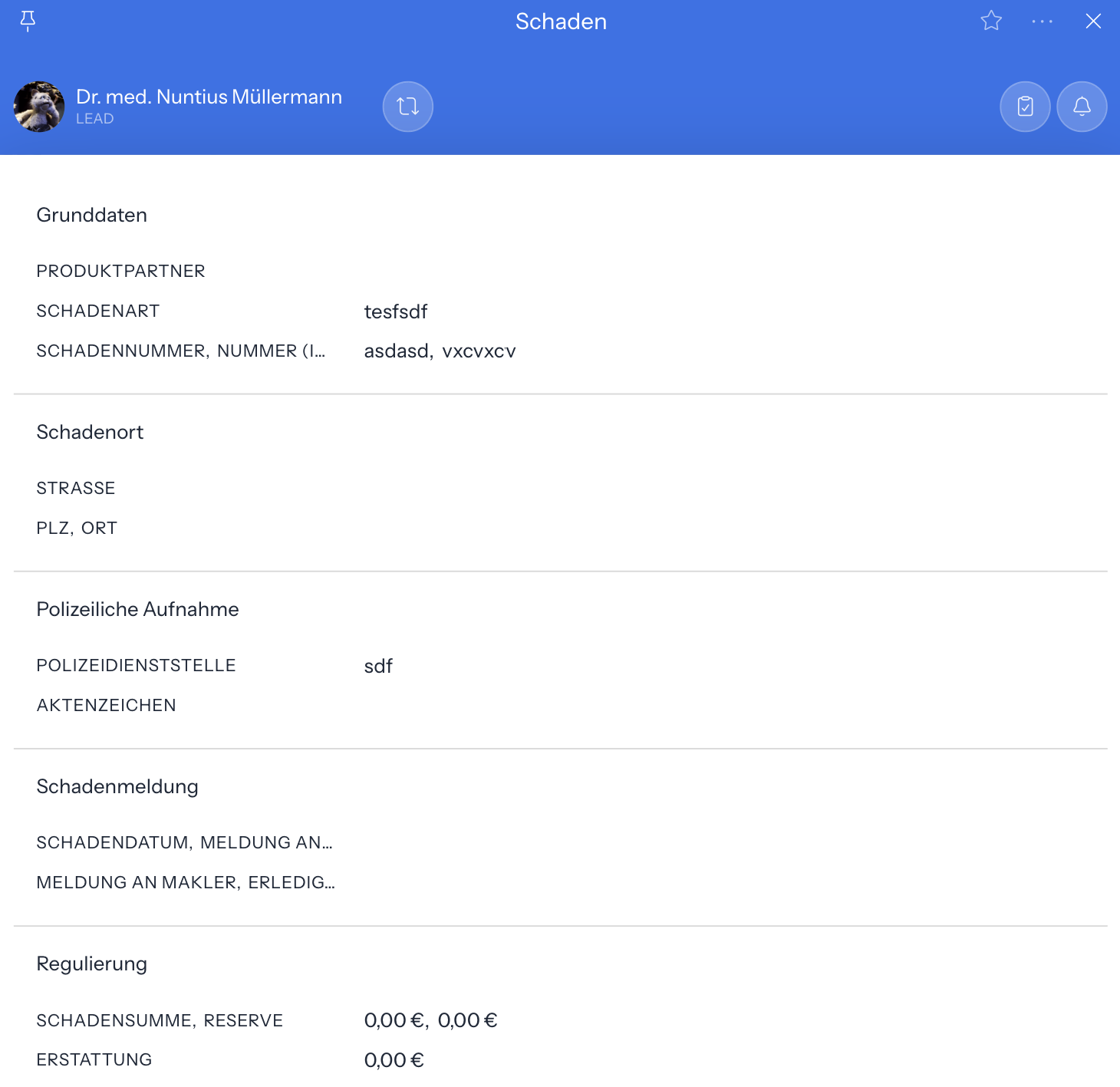 Karteikarte Schaden mit dem Kunden im Kopf und den Gruppen Grunddaten, Schadenort, Polizeiliche Aufnahme, Schadenmeldung und Regulierung