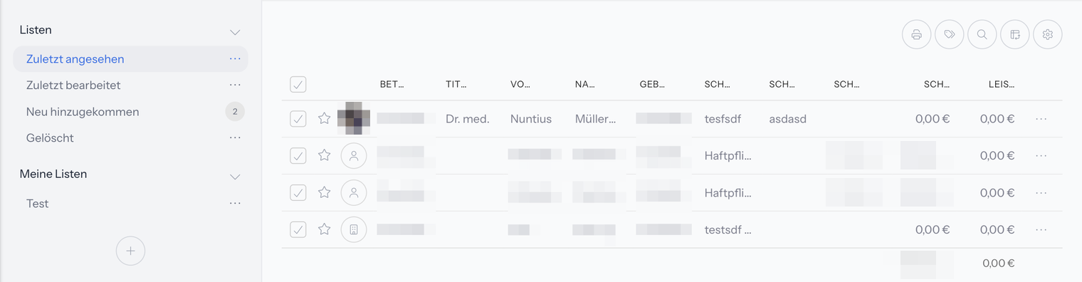 Liste Kontakte › Schäden mit den Listen Zuletzt angesehen, Zuletzt bearbeitet, Neu hinzugekommen und Gelöscht, darunter Meine Listen; rechts die Tabelle mit Betreuer, Titel, Vorname, Name, Geburtsdatum, Schadenart, Schadennummer, Schadendatum, Schadensumme und Leistung sowie einer Summenzeile; Personendaten und Beträge anderer Kunden unkenntlich
