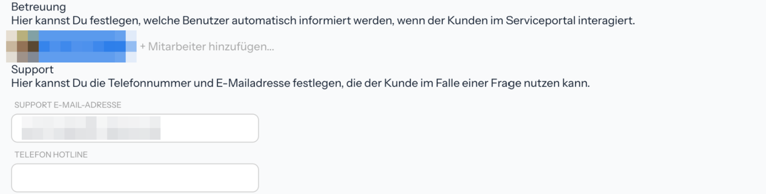 Bereiche Betreuung mit einem Mitarbeiter und dem Feld Mitarbeiter hinzufügen sowie Support mit den Feldern Support E-Mail-Adresse und Telefon Hotline