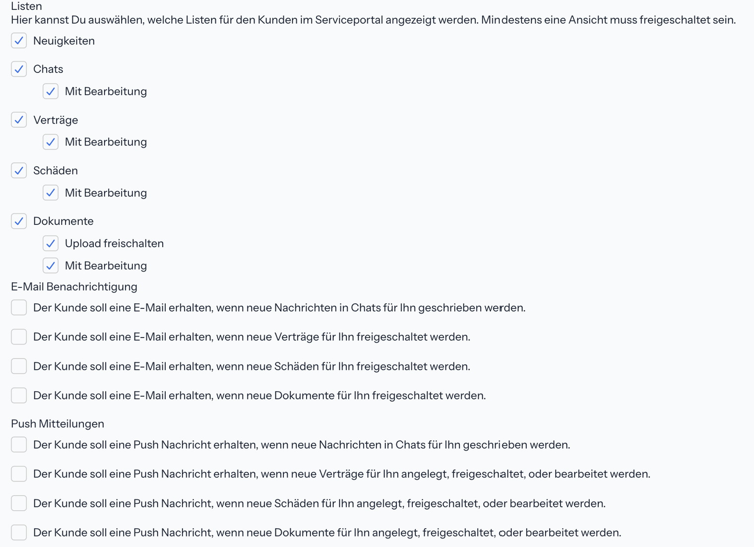 Bereiche Listen mit Neuigkeiten, Chats, Verträgen, Schäden und Dokumenten samt Unteroptionen sowie E-Mail Benachrichtigung und Push Mitteilungen mit je vier Kontrollkästchen