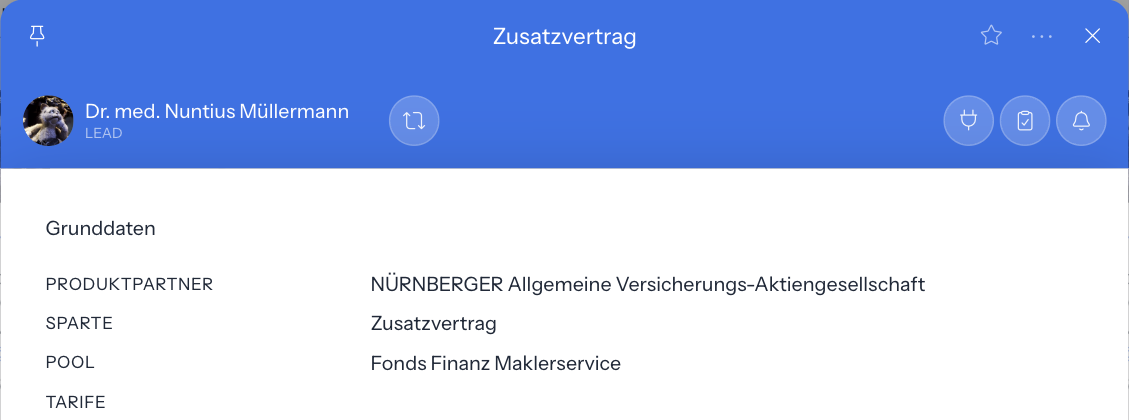 Kopf der Karteikarte eines Vertrags mit Sparte als Titel, Kunde, Symbolen und der Gruppe Grunddaten mit Produktpartner, Sparte, Pool und Tarife