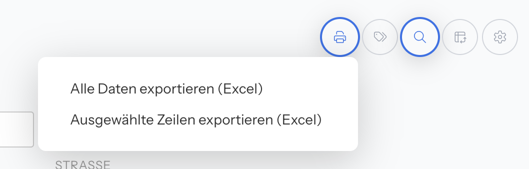 Geöffnetes Menü Export & Drucken mit Alle Daten exportieren (Excel) und Ausgewählte Zeilen exportieren (Excel)