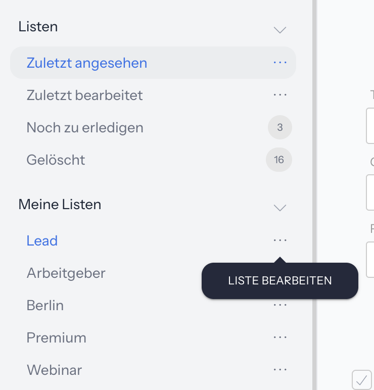 Listen-Menü mit dem Tooltip Liste bearbeiten an den drei Punkten neben einer eigenen Liste