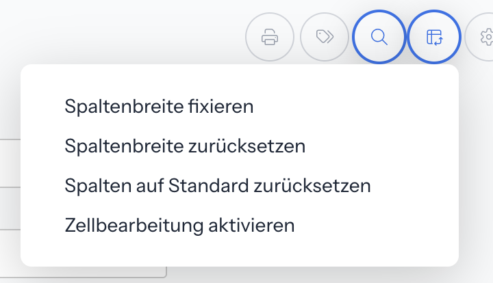 Geöffnetes Menü Spalten bearbeiten mit Spaltenbreite fixieren, Spaltenbreite zurücksetzen, Spalten auf Standard zurücksetzen und Zellbearbeitung aktivieren