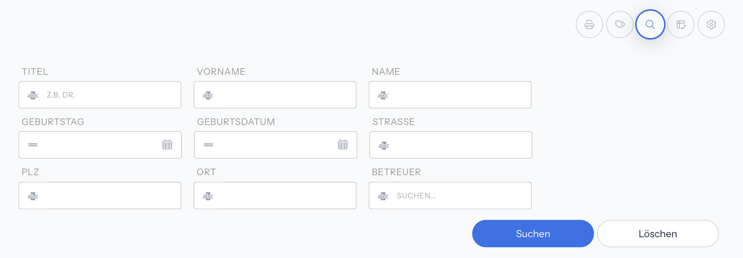 Geöffnete Suchzeile der Kundenliste mit je einem Feld für Titel, Vorname, Name, Geburtstag, Geburtsdatum, Straße, PLZ, Ort und Betreuer sowie den Schaltflächen Suchen und Löschen