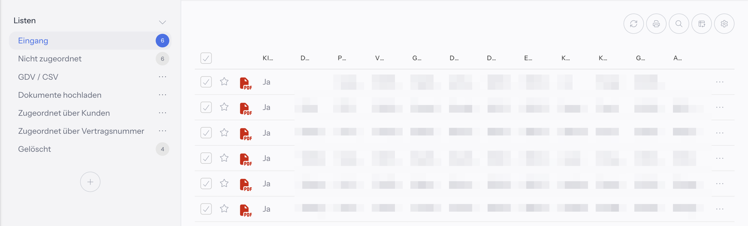 Posteingang mit der Spalte Listen (Eingang, Nicht zugeordnet, GDV / CSV, Dokumente hochladen, Zugeordnet über Kunden, Zugeordnet über Vertragsnummer, Gelöscht) und rechts der Tabelle mit PDF-Dokumenten; über der Tabelle eine Symbolleiste, links darin das Aktualisieren-Symbol mit zwei Pfeilen im Kreis