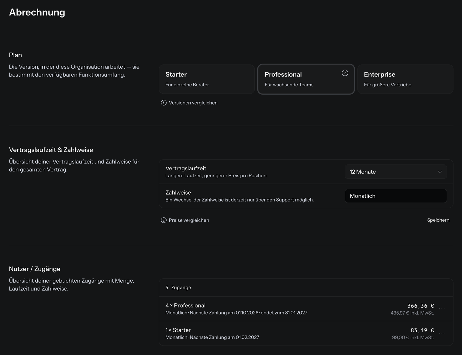 Die Seite Organisation › Abrechnung mit den Bereichen Plan, Vertragslaufzeit und Zahlweise sowie Nutzer / Zugänge