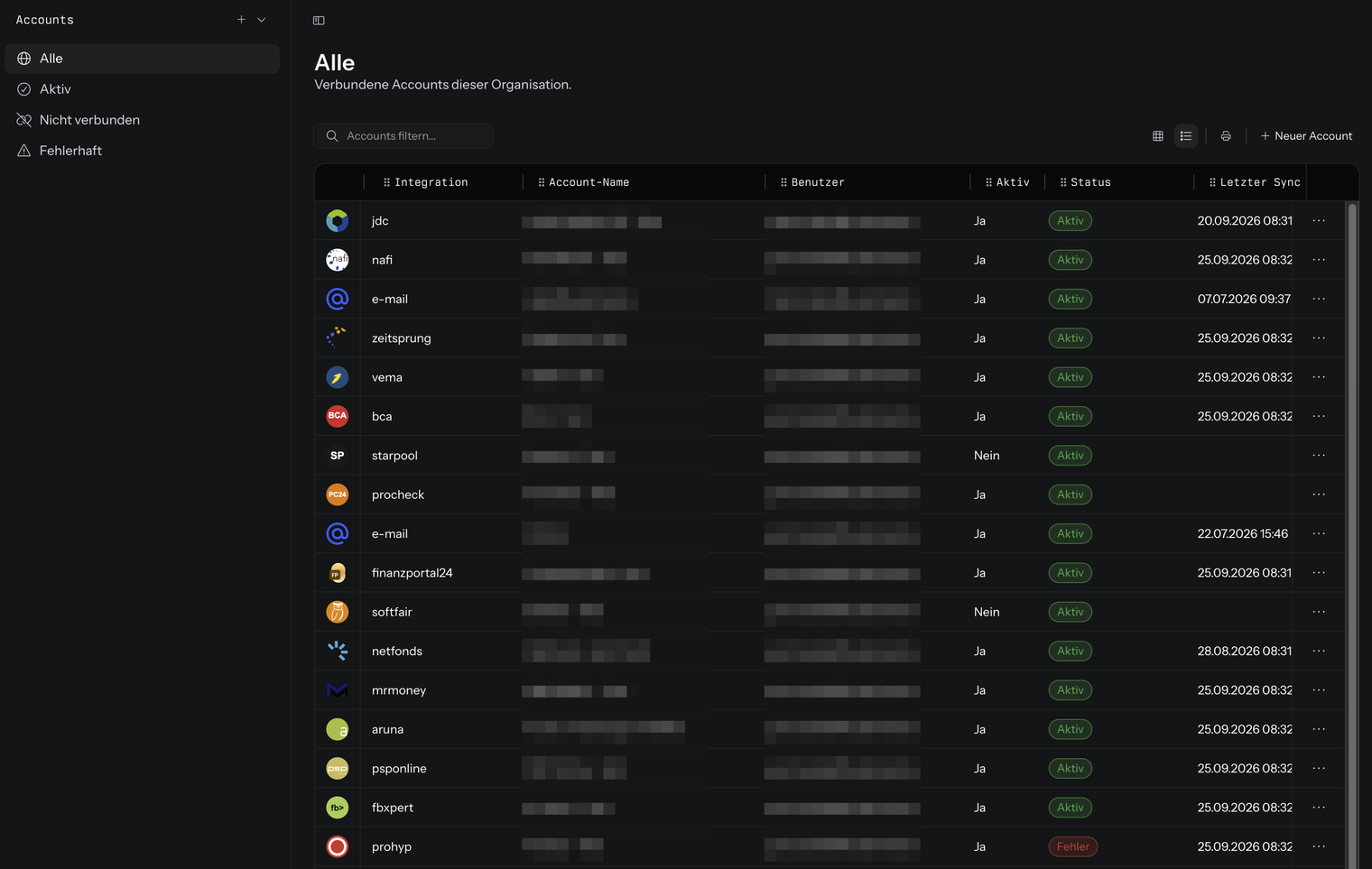 Die Accounts-Liste unter Organisation › Accounts