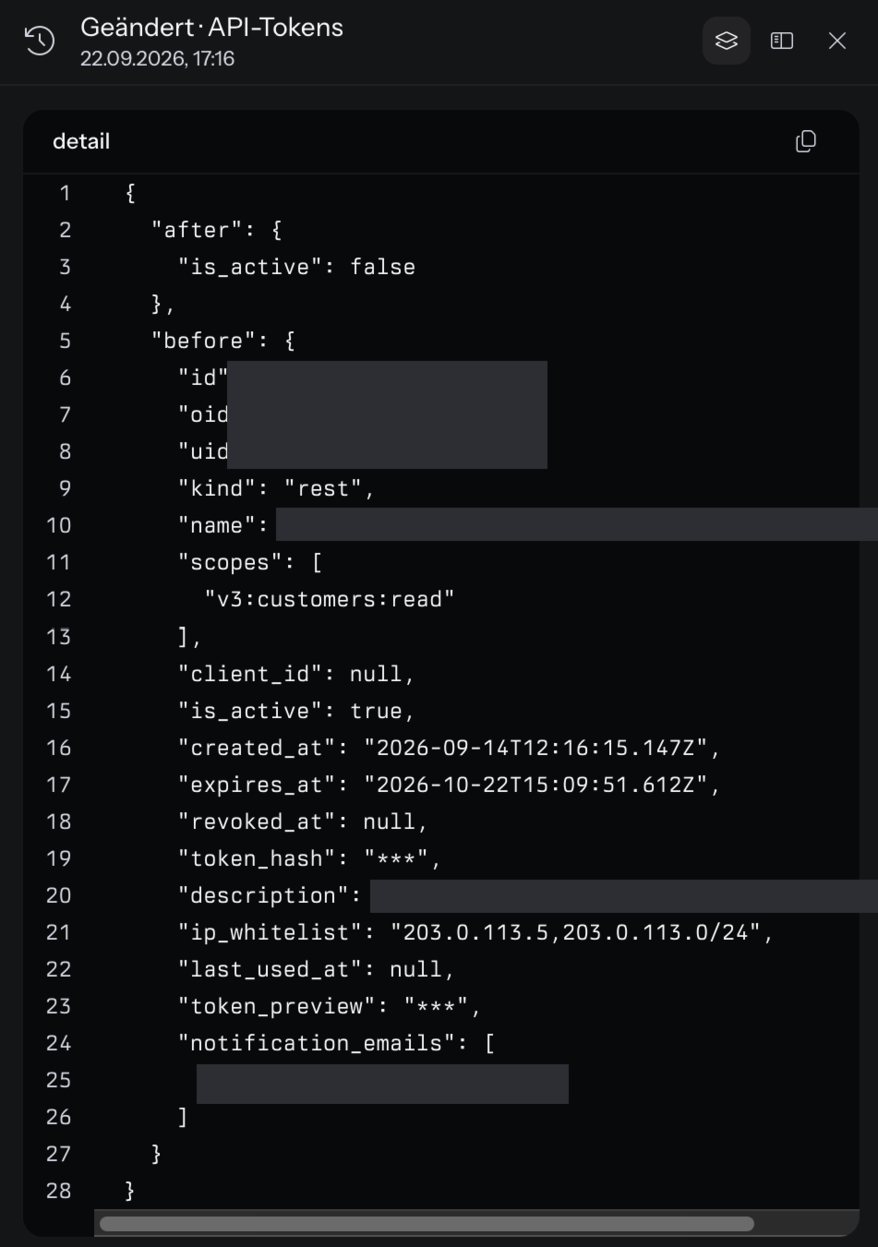 Der Detailbereich Geändert · API-Tokens mit Zeitpunkt, den Symbolen für Layer-Modus, Dock-Modus und Schließen und dem Datenblock detail mit Kopier-Symbol