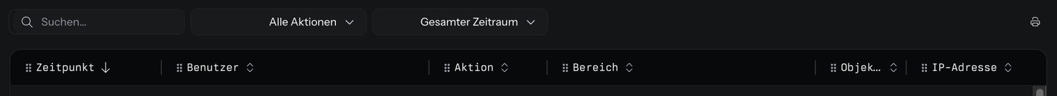 Suchfeld, Aktions-Filter, Zeitraum-Filter und Export-Schaltfläche über der Tabelle