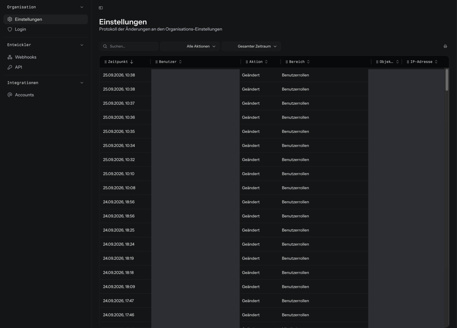 Die Seite Organisation › Audit-Log mit der Protokollauswahl links (Einstellungen, Login, Webhooks, API, Accounts), dem geöffneten Protokoll Einstellungen und der Tabelle mit den Spalten Zeitpunkt, Benutzer, Aktion, Bereich, Objekt-ID und IP-Adresse